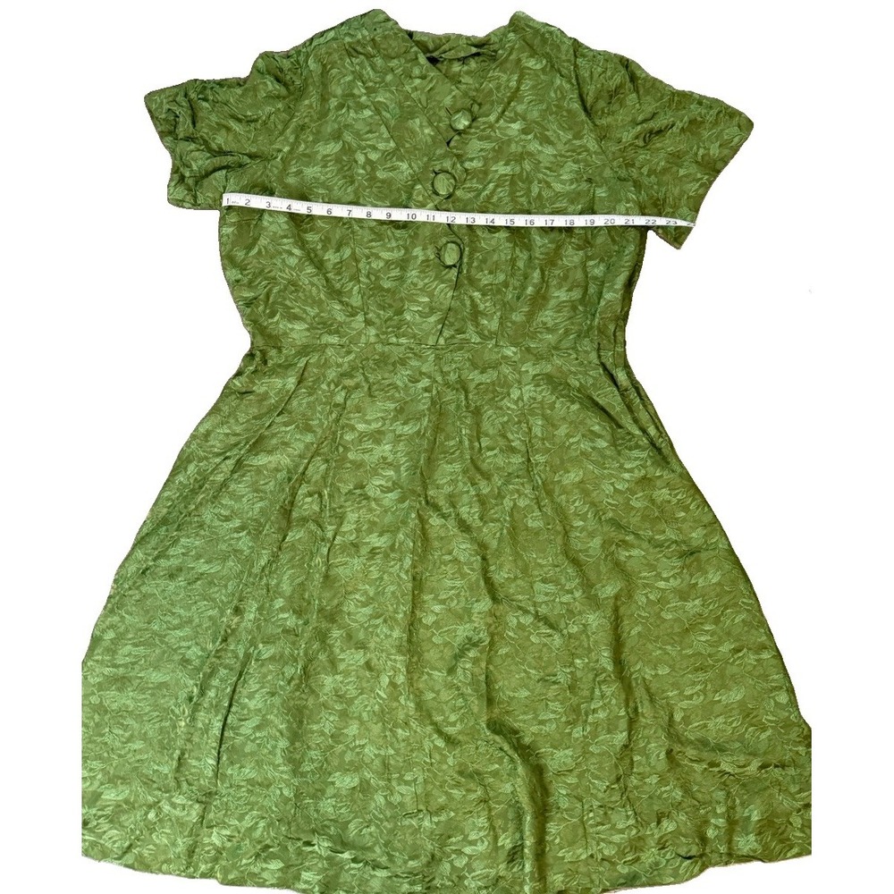 Vintage Green Jacquard Fit & Flare Dress Leaf Print Covered Buttons XL - Picture 5 of 7